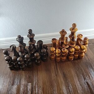 1950s MCM Vtg Hand Carved Wooden Chess Pieces Set Game 10.5" King No Board